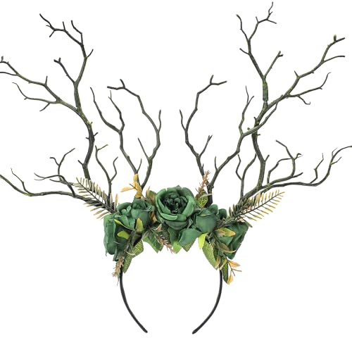 MOSTORY Geweihkopfbedeckung Zweig Stirnband für Renaissance Zubehör, Grün Waldfee Stirnband mit Florales für Renfaire Cosplay Karneval Fotoshooting
