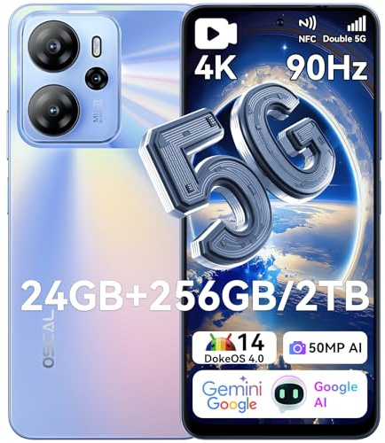OSCAL Tiger 13 Móvil 5G Smartphone - 24GB+256GB/2TB Android 14 | Cámara 50MP IA | 6.67 90Hz 700nits | Batería 5000mAh 18W | 5G Dual SIM + NFC | Gemini IA + Huella | 3 Años Garantía - Azul