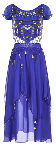 Baisdan Conjunto de disfraz de danza del vientre para mujer, top corto con lentejuelas y falda de gasa para danza del vientre, trajes de carnaval, azul oscuro, Altoa única