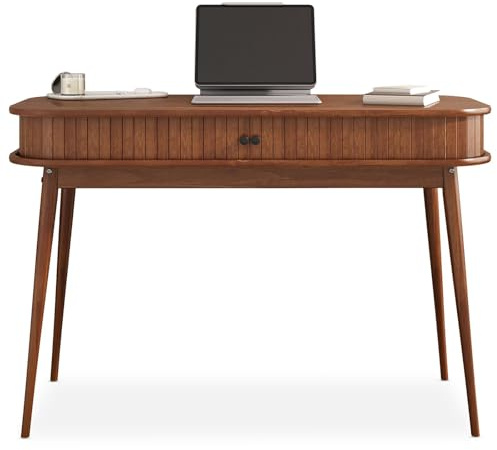 IDIMEX Schreibtisch JARI mit aufschiebbaren Fronten in Lamellenoptik, Kastanien Farben - moderner Home Office Tisch aus Massivholz mit konischen Füßen, PC Tisch aus langlebigem Material