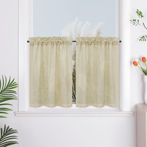 Yujiao Mao Rideau Cuisine Semi-Transparent Effet Lin, 2 Pièces, Rideau Voilage Uni Moderne Occultant, Passage Tringle, pour Salle à Manger, Petit Fenêtre, Intérieur Beige Sable LxH 66x61cm