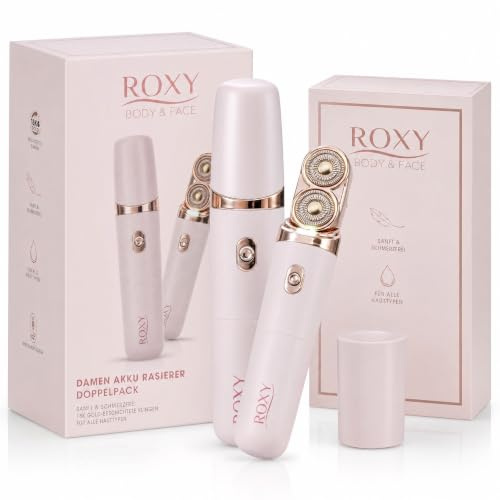 Roxy Body & Face - Damenrasierer elektrisch Doppelpack - Akku Gesichtsrasierer & Intimrasierer für Frauen - Rasierer Damen elektrisch mit 18K-vergoldetem Rasierkopf - schmerzfrei & flexibel einsetzbar