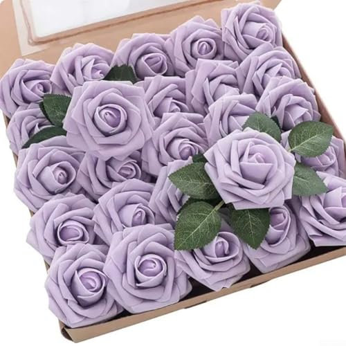 25 Stück weiche Schaumrosen für Hochzeiten und Partys, einfach zu manipulieren Stiele und kostenloses Grün für Blumenarrangements (flache lila)