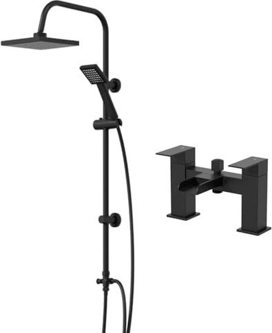 Architeckt® Square Waterfall Bath Shower System Mixer Shower Tap with Modern Square Riser Rail Kit Dual Rainfall Shower Heads Handset, Black