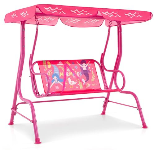 COSTWAY Altalena da Esterno per Bambini, Panchina a Dondolo a 2 Posti con Struttura in Metallo, Tetto Regolabile e Cinture di Sicurezza, per Bambini 3+Anni, Portata 80 kg (Rosa)