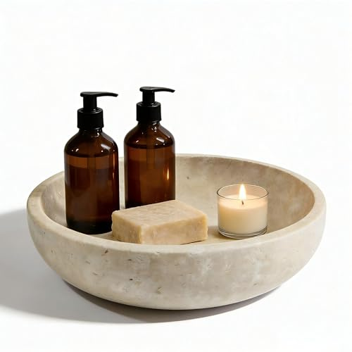 Artisanal Abode Große dekorative Marmorschale, 20 cm, Naturstein, runde Schale für Heimdekoration, Schmucktablett, Couchtische, Tafelaufsatz, Seife, (beige)