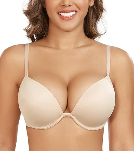 DotVol Women's Thick Padded Push Up Plunge Wired Everyday Bra | Low Cut, Deep Plunge, Underwire Support, T-Shirt Bra, Seamless Comfort, Smooth Material, Add 2 Cup Size