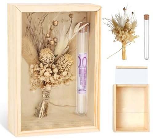 Geldgeschenk Hochzeit, Hochzeitsgeschenke für Brautpaare, Kreative Geldgeschenke Verpackung aus Holz, Geld Geschenk Box mit Trockenblumen und Reagenzglas, Hochzeitsgeschenk Geld