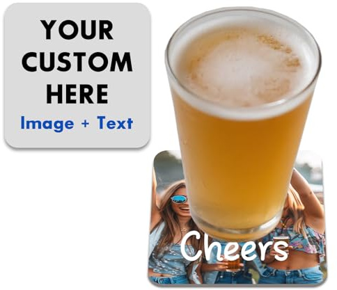 Personalised Beer Mats - 50 Recycled Paper Beer Mats, Custom Bar Mats With Photo And Text For Home Pub, Stag Do Gifts, Anniversary & Party Drink Accessories (Square)