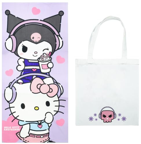Toalla Microfibra H Kitty y Kuromi 70x140 cm + Bolsa de Tela | Diseño Original, Secado Rápido y Suave | Ideal para Playa, Piscina, Ducha o Regalo para Fans | Ligera, Absorbente y Práctica