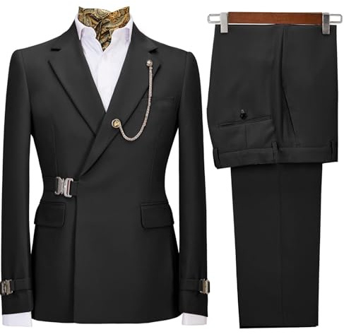 Men's 2 Piece Suit with Metal Clasp Slim Fit Suit Stylish Business Tuxedo Suit Set-L,Black