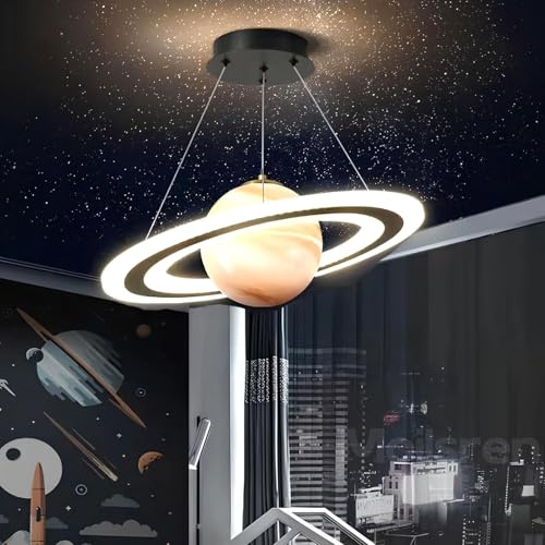 LED Hängelampe Kinderzimmer Planet Pendelleuchten, Kinderzimmer Lampe Decke Junge Mädchen, Glas Lampenschirm Saturn Schlafzimmerlampe Rund LED Hängeleuchten Dimmbar für Jungen Mädchen (Orange)