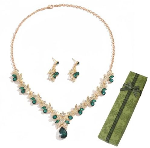 YUVKIN 1 Set FAITH Conjunto de Joyas con Cristal Austriaco, Elegante Collar de Hojas con Marquise de Strass, Pendientes Colgantes y Pulsera de Tenis