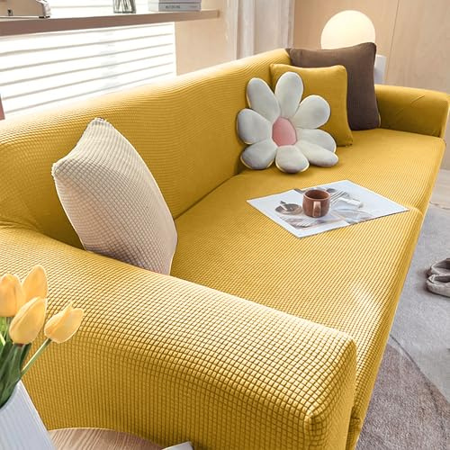 VanderHOME High Stretch Sofabezug Moderne Weicher Sofaüberzug Polyester Jacquard Rutschfester Sofahusse Für Wohnzimmer Protector Für Hunde Haustiere (2 Sitzer, Gelb)