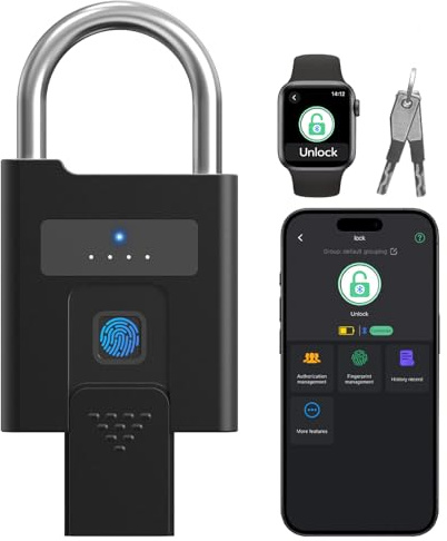 Anweller Fingerabdruck-Vorhängeschloss, robustes intelligentes Vorhängeschloss mit Schlüssel, wasserdichte Bluetooth-App-Steuerung, Outdoor-Torschloss für Zaun, Schuppen, Aufbewahrung, Fitnessraum