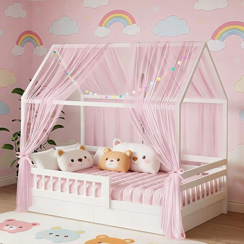 DOINEUFL Lot de 2 Ciel de lit d'enfant - 160 x 350 cm - avec Guirlande de Pompons colorés et Bandes de Fixation - Rideaux en Tissu léger et Respirant (Rose)