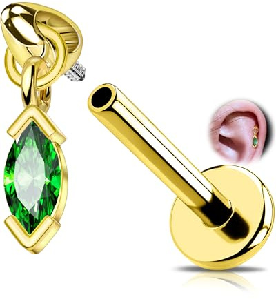 OUFER 16G Ohrpiercing Helix mit Innengewinde Tragus-Piercing aus 316L Chirurgenstahl, Labret Conch Rook Ring aus Gold Stahl mit Zirkonia-Anhänger, Marquise oder Rundschliff für Damen 6 mm/8 mm