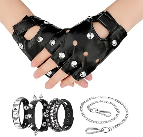 MENUY 6 Artikel Fingerless Gloves Rocker Outfit Damen Studded Bracelet Emo Schmuck Nietenarmband Schwarz Rocker Accessoire Kostümzubehör Mottoparty Karneval