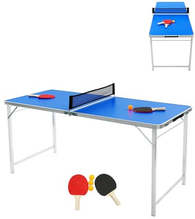 HUOMMGS Mini Tischtennisplatte Indoor Tischtennisplatte Outdoor Tischtennistisch mit 3 Tischtennisbälle, 2 Tischtennisschläger, Tischtennisnetz 152 x 67cm Klappbar Tischtennis Tisch für Schule