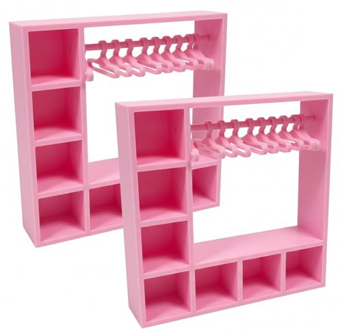 2Pcs Doll Clothes Storage Box with Hanging Rod & Mini Hangers, Multi-Layer Dolls Wardrobe for Display, Dollhouse Furniture, Organizer for Accessories
