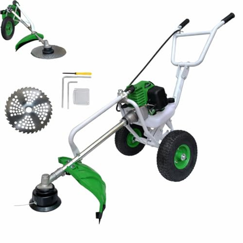 Decespugliatore a Scoppio 52CC 2HP 2 Tempi con Ruote a Spinta Tagliaerba Rasaerba Tosaerba a Carrozzella Carrellato per Giardinaggio Fai da Te