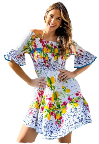 Antica Sartoria - Vestito corto, scollo a bardot con spalle scoperte e maniche a volant. Abito da spiaggia da donna, abito lungo estivo da donna, abiti estivi casual, Positano, Taglia unica