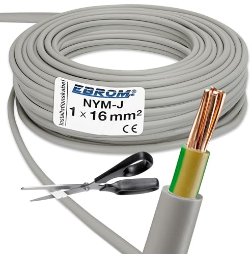 EBROM Erdungskabel NYM-J 1x16 mm² - GRAU, 100 % OFC Kupferleiter, starre Einzelader, gem. NORM mehrere Litzen - Meterware auf den Meter genau - Auswahl in 1 Meter Schritten - Länge: 25 Meter | Ab 5 m bis 150 m - Erdungsleitung Installationsleitung Feuchtraumkabel für die feste Verlegung in trockenen + feuchten Räumen
