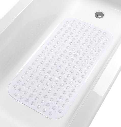 TIKE SMART Large Non-Slip Bathtub & Shower Mat 31”x16” (Smooth/Non-Textured Tubs Only) Safe, Clean, Machine-Washable, Superior Grip&Drainage, Vinyl, Transparent Clear