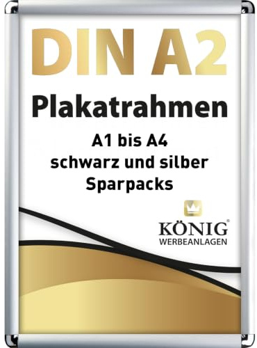 Dreifke Plakatrahmen DIN A2 | abgerundete Ecken | 25mm Alu Profil, silber | inkl. entspiegelter Schutzscheibe | Bilderrahmen Klapprahmen Wechselrahmen Posterrahmen Rahmen