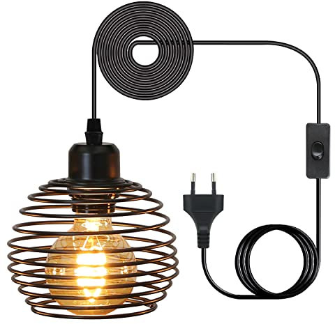 ZMH Pendelleuchte Vintage Hängelampe 1 Flammig: Schwarz Industrial Hängeleuchte mit Stecker und Schalter Pendellampe E27 Fassung mit 2M Kabel Retro lampe hängend für Schlafzimmer Wohnzimmer Küche