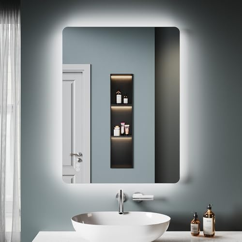 SONNI Badrumsspegel med belysning, 80 x 60 cm, imfri LED-badrumsspegel med belysning, väggspegel med pekbrytare, kallvit, 6 400 K