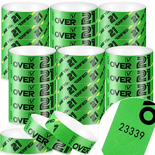 600 Pack Over 21 Age Verified Wristbands for Events with Security Number, Waterproof Neon Verified Wristband for Bar KTV Casino Bachelorette Party Concert Occasion Entrance (Green)