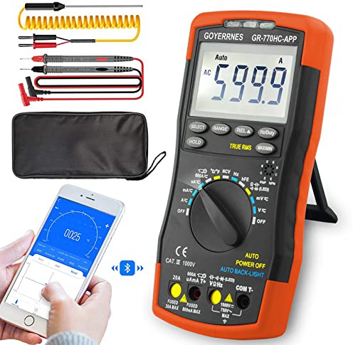GOYERRNES Digital Multimeter GR-770HC-APP TRMS 6000Zählt AC DC Amp Meter berührungslose Auto-Ranging mit Mobile APP misst präzise Volt Amp Widerstand Dioden Kontinuität Duty-Cycle Kapazitätstemperatur
