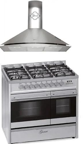 GURARI Gas elektrisk stående spis GCH E 916 X+ GCH C 046 IS 9, 90 cm/räckvidd/89 l/8 funktioner/naturgas/propangas/rostfritt stål/inkl. WOK-adapter + köksfläkt 90 cm 1000 m³/h
