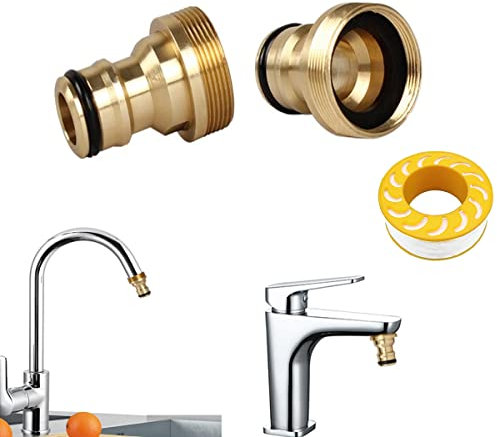 3 Stück Messing Wasserhahnverbinder Universal Wasserhahnanschluss Schlauchadapter, Schlauchverbinder für Garten Küche Innengewinde 22mm Außengewinde 24mm Wasserhahn Anschluss + PTFE Dichtband 14m