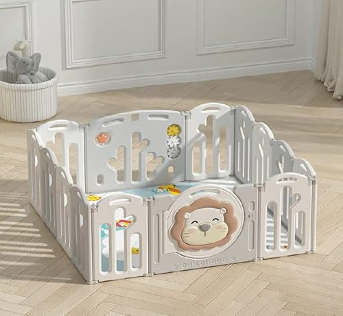 Parque Infantil 148x155cm Corralito para Juegos de Bebe Plegable con Puerta LED y Canasta con 20 Bolas y Paneles de Seguridad HDPE Sin BPA Parque Bebé Interior y Exterior Leon Gris Desarrollo Gateo