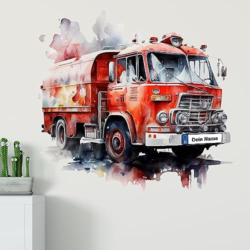 GRAZDesign Wandtattoo Feuerwehr Kinderzimmer Junge mit Namen personalisiert, Wand Aufkleber Tattoo Kinder Auto, Feuerwehrauto Wandaufkleber für Jungenzimmer 54x50cm
