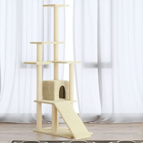 LAPOOH Kratzbaum mit Sisal-Kratzsäule, Katzenkratzbaum, Kletterwand, Kratzbäume Für Katzen, Kratzstamm, Kratzbaum Deckenspanner,n Creme 155 cm -at