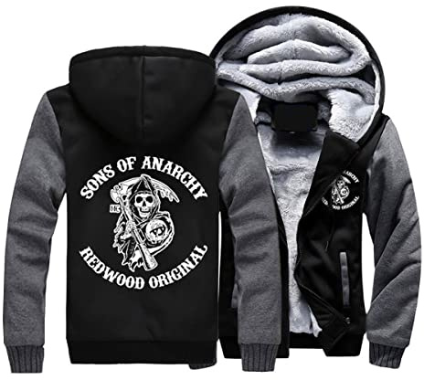 Herren Kapuzenpullover mit Anarchy Sons Print and Reißverschluss Langarm Kapuzenjacke Winter Warm Fleece-Innenseite Sweatshirt Plus Dicke Fleecejacke Sweatjacke Mit Kapuze