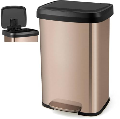COSTWAY 50L/68L Kitchen Bin, Soft Closure Stainless Steel Recycling Pedal Bin with Deodorizer Box, Handle and Non-slip Base, Fingerprint-Proof Rubbish Trash Can Dustbin (50L,Gold)