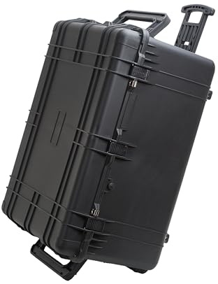 MEIJIA Tragbare wasserdichte Schutzhülle, harte Kameratasche mit einziehbarem Ziehgriff und rollenden Rädern, anpassbare Passform, Schaumstoffeinlage, elegantes Schwarz, 84 x 71 x 44 cm