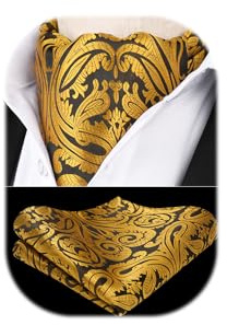 HISDERN Ascot Hombre y Pañuelo Dorado Paisley Corbata Ascot Pañuelo de Seda para Hombre Elegante Boda Pañuelo Cuello