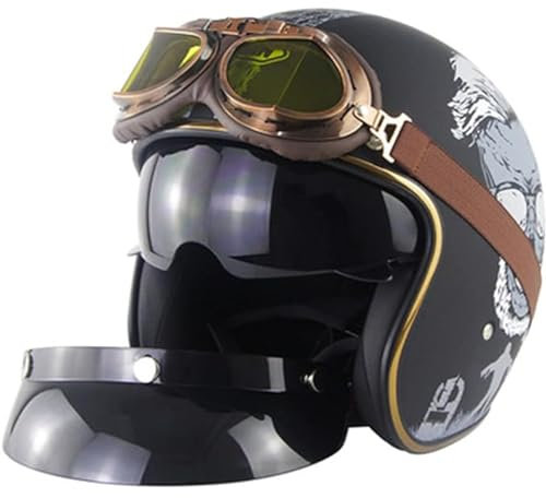QJWMatic Motorrad-Jethelme, Vintage-Jethelm Für Damen Und Herren Retro-3/4-Motorradhelm Chopper Cruiser Biker ECE-Zertifizierte Helme Mit Sonnenblende A,S55-56CM