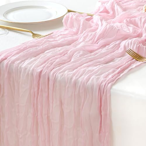 Sioloc 1 Pack Light Pink Cheesecloth Table Runner Summer Decor 90cmX300cm Boho Gauze Runner for Fall Autumn Decor Wedding Party Baby Bridal Shower Birthday Table Decorations