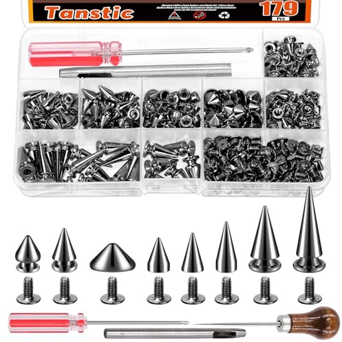 Tanstic 176 Sets Punk Spikes und Studs Kit, 8-Größen Kegel Spikes Screwback Studs Metall Baum Spikes für Leder Punk Style Bekleidungszubehör (Gun Black)