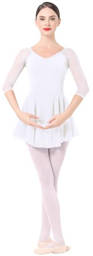 ABEHIK Robe de Ballet Col en V pour Femme Leotard à Manches 3/4 Robe en Mousseline Robe de Danse Costume de Gymnastique Bodysuit Blanc L