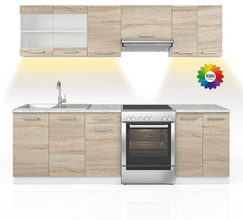 Vicco Küchenzeile Raul, Sonoma/Weiß, 240 cm | AP Marmor mit LED-Leisten, mit modularen Elementen flexibel kombinierbar
