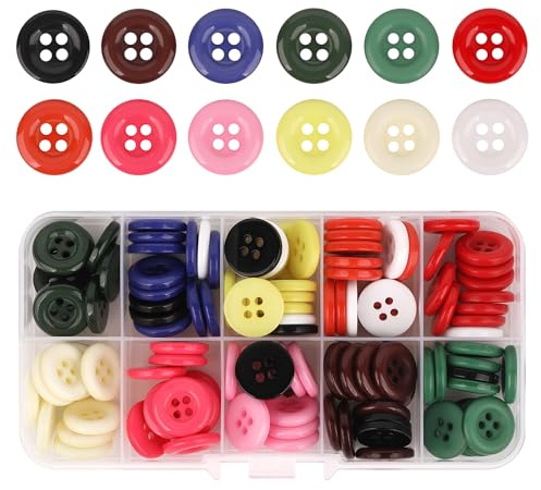 Trimming Shop 120 Pcs Sewing Buttons with Compartment Storage Box, 4 Holes 15mm Round Resin Button with 12 Mixed Colored Designs for Crafting, Cardigans, Shirt, Coat, Knitting & DIY Decoration
