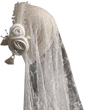 LXJLXD 1920er Brautschleier, Spitze, einlagig, Tüll, Junggesellinnenabschied, Hochzeit, Schleier mit Perlen zum Fotografieren