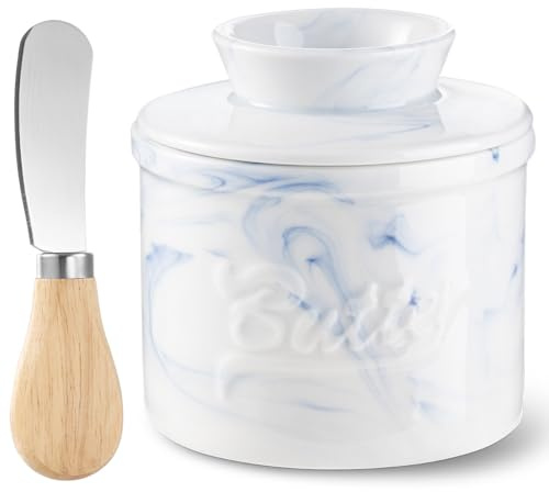 Keramik Butterdose Porzellan 150 ml Französische mit Deckel Wassergekühlt mit Wasserlinie Butterbehälter Buttertopf für Frische und Streichfähige Butter Hellblaues Marmormuster